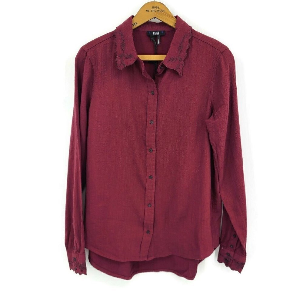 New Paige Button Front Blouse Womens S Avielle Embroidered Burgundy